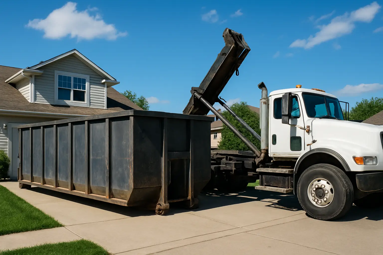 Roll-off dumpster in a New London driveway