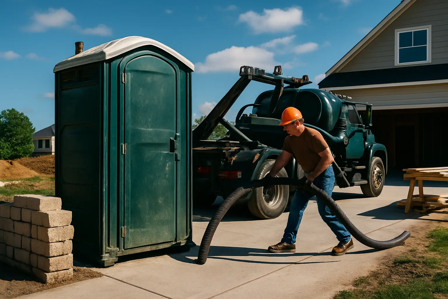 Portable restroom being serviced on a job site